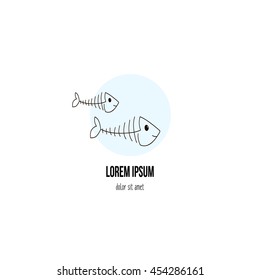 Logo, banner, poster or background of a fish bone in blue circle. Line art. Flat design.