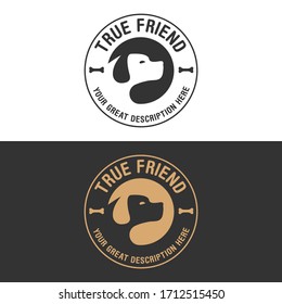 Logo or banner, poster design for pet shop or purposes with the dog silhouette and company text in the center. Vector, flat design. 