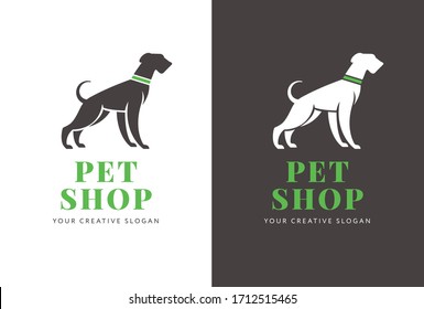 Logo or banner, poster design for pet shop or purposes with the dog silhouette and company text in the center. Vector, flat design. 