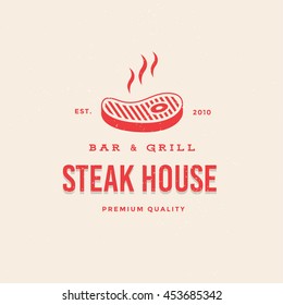 Logo Bar & Grill Steakhouse. Logo template for branding design. Vector image of steaming steak.