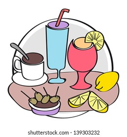 Logo for bar, pub or cafe. Cup of coffee, alcoholic beverages, olives and sliced ??lemon. For menu or business card.
