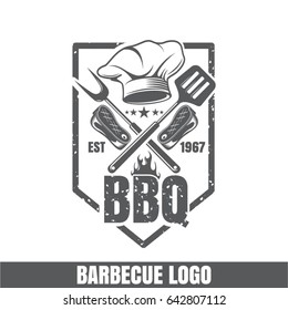 Logo For Barbecue, Hat For The Chef, Fork For Meat. Emblem For The Kitchen On The Grill. Barbecue Icon. Frying Meat But Fire. BBQ