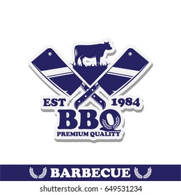 Logo for barbecue, hat for the chef, fork for meat. Emblem for the kitchen on the grill. Barbecue icon. Frying meat but fire. BBQ