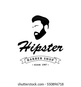 Logo for barber shop, hair salon with hipster head and barber scissors. Vector Illustration.