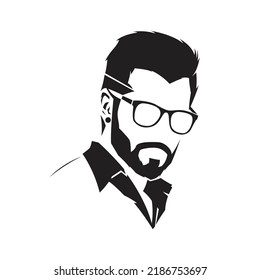 Logo de la peluquería. Imaginen a un hombre con una barba limpia con gafas y llevando un chaparrón.