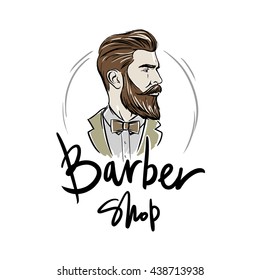 Logo for the barber shop. Picture a man with a well-groomed beard and wearing a jacket with a bow tie.