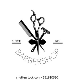 Logo for barbershop, hair salon with barber scissors, razor and comb. Vector Illustration