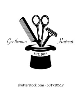 Logo for barbershop, hair salon with barber scissors, razor and comb. Vector Illustration