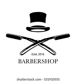 Logo For Barbershop, Hair Salon With Barber Razor Blades And Top Hat. Vector Illustration