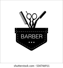 Logotipo para barbería, peluquería con tijeras de barbero, navaja y peine. Ilustración vectorial