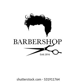 Logo for barbershop, hair salon with hipster haircut and barber scissors. Vector Illustration