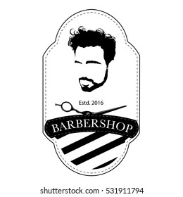 Logo for barbershop, hair salon with hipster head and barber scissors. Vector Illustration