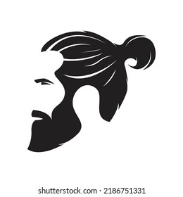 Logo for barbershop, hair salon with ponytailed hipster head. Vector Illustration