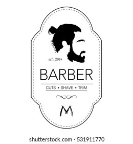 Logo for barbershop, hair salon with ponytailed hipster head. Vector Illustration