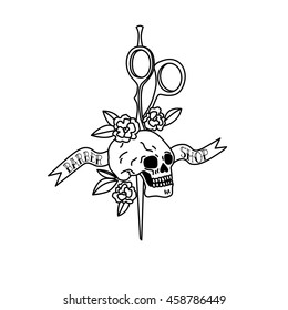 Logo for barbershop, hairdresser, beauty salon. Skull with scissors, roses, ribbon. Vector illustration