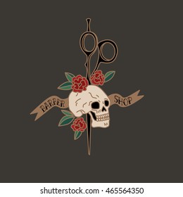 Logo for barbershop, hairdresser, beauty salon. Skull with scissors, roses, ribbon. Vector illustration colorful