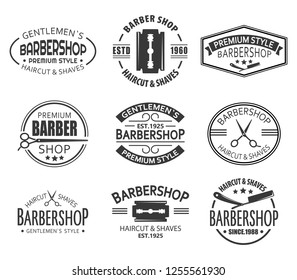 Logo for barbershop or set of isolated branding signs for haircut and shaving saloon. Logotype with scissors for gentleman comb. Man advertising and branding, classic ads for premium business