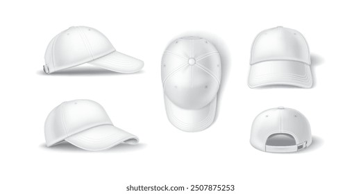 Logo baseball cap various perspectives realistic vector illustration set. Hat clothing accessories with mockup 3d models on white background