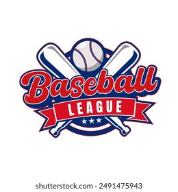 Logo for a baseball league featuring crossed bats, a baseball and a ribbon with the text league ideal for anything baseball-related or sports-oriented. Perfect for sports brands and stores. 