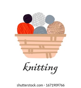 Logo basket with wool in a flat style on a white background. Vector isolated knitting symbol for a shop with yarn, a service or a restoration studio for clothes or a fashion designer dress template