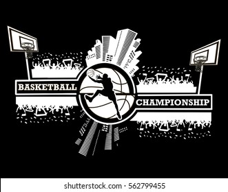 Logo Basketball Championship With Urban Elements And The Silhouette Basketball Atmosphere On The Background Of A Basketball Ball. Vector Illustration