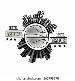 Logo basketball league with urban elements on the background of a basketball ball. Vector illustration