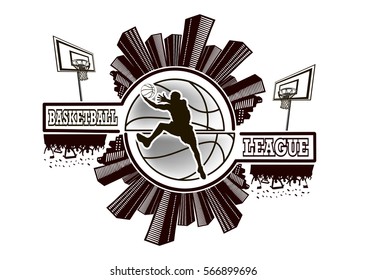 Logo basketball league with urban elements and basketball basket on the background of a basketball ball and basketball player. Vector illustration