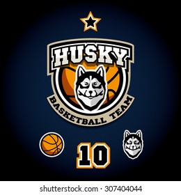 Logo for a basketball team of Huskies on a blue striped background. Ball, husky, star