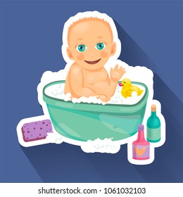 Logo, bathing of the baby. Set of objects for washing. Vector.