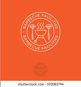 Logo BBQ. Facilities for barbecue emblems. Barbecue oven and fork with sausages on orange background.