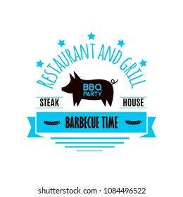 Logo of BBQ grill meat barbecue restaurant party at home dinner vector products skewer grilling kitchen equipment flat illustration Meat food for family summer time