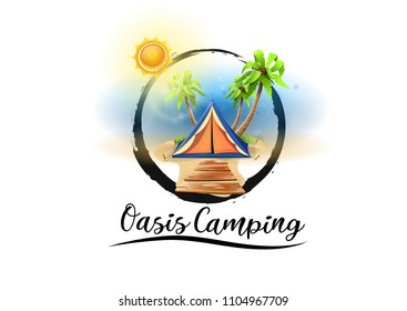 Logo beach camping paradise: tent among palms of the oasis beach