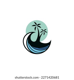 A logo for a beach with a palm tree and the sun