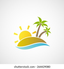 Logo beach with palm trees, the ocean and the sun. Vector image.