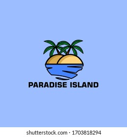 Logo of the beach and paradise island in a modern and fresh style. Beach and paradise island with coconut trees. Suitable for holiday travel companies