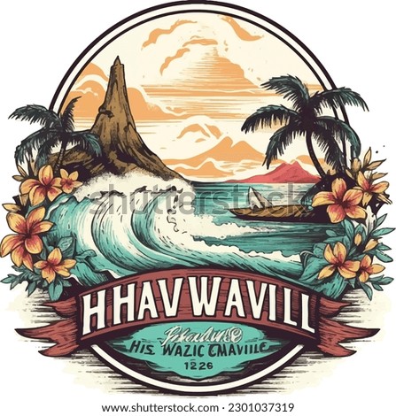 A logo for a beach scene with a palm tree and a house on the bottom.