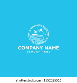 Logo of the beach view, with ships, ocean waves and palm trees.