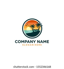 Logo of the beach view, with sunset, sea and palm trees.