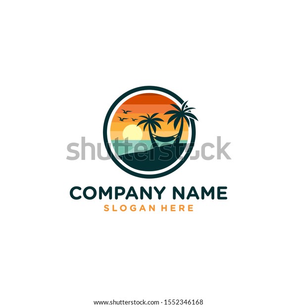 Logo Beach View Sunset Sea Palm Stock Vector Royalty Free