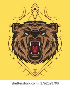 LOGO BEAR HEAD ILLUSTRATION WITH ROARING FACE FULL COLOR FOR T SHIRT DESIGN, angry bear VECTOR.