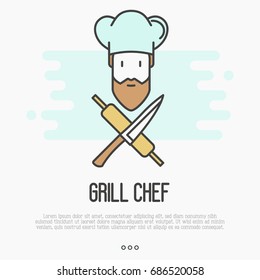Logo with bearded chef in hat with knife and rolling pin for restaurant or cafe. Thin line vector illustration.