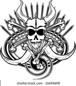 logo of beast pirate skull bones and death scythes spikes swirls and oval vector illustration