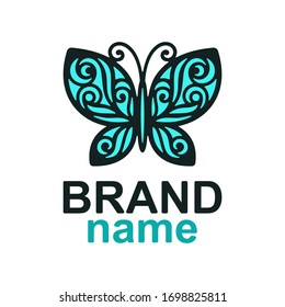 Logo beautiful blue openwork butterfly with a dark outline on a white background. Icon, sign, symbol, brand identity for business, cosmetic, fashion, beauty salon, hairdresser, yoga studio, kids club.