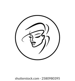 Logo beautiful girl for beauty salon. Icon in a circle black and white color drawn by hand. Face of a beautiful woman with stylish hairdo.