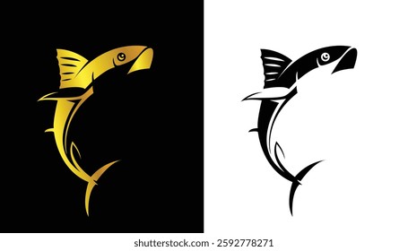 logo with a beautiful gold flying fish image on a black and white background