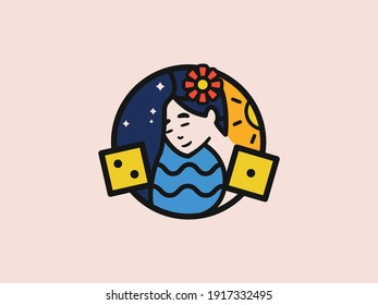 Logo with a beautiful oriental girl with a flower in her hair. Dice, starry sky, sun and water