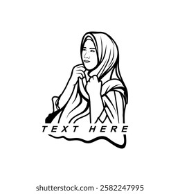 logo of a beautiful woman in a hijab side view posing holding a hijab black and white line art