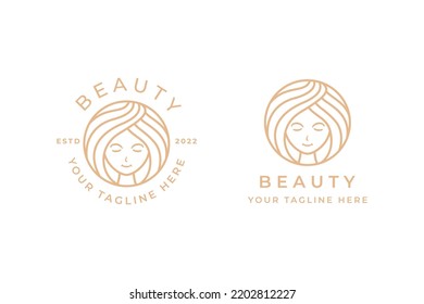 Logo Beauty Care Face Natural Spa Hair and Skin. Makeup and Fashion. Abstract Face Lady at Circle Shape.