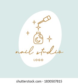 Logo for beauty nail studio with illustration of nail polish bottle with sparkles. Logo concept is pastel colored.