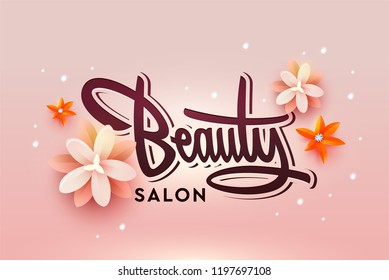 Logo Beauty Salon Lettering. Custom handmade calligraphy, Vector illustration. Leaves and floral elements. 